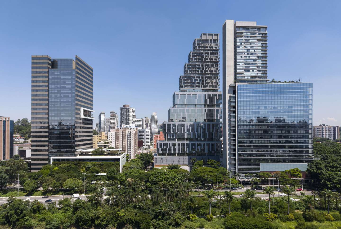Fachada do River South Residences em vista aérea, foto real